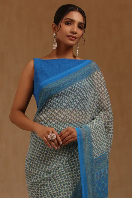 Blue Georgette Floral Print Saree
